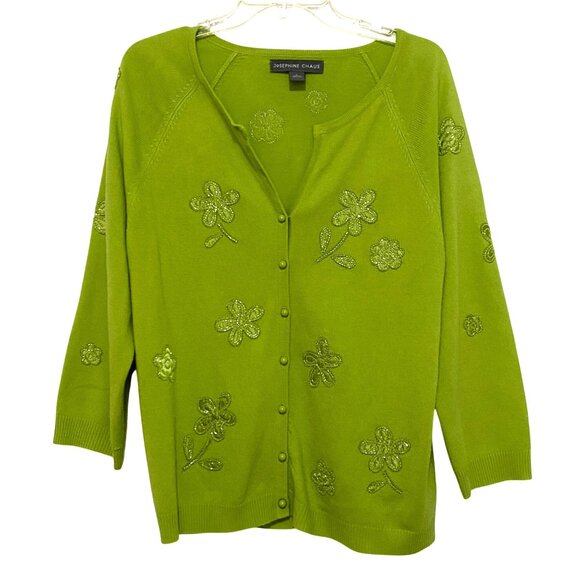 Vintage Beaded Womens Cardigan L Green Preppy Floral Spring Fall Mature Flaws - Picture 1 of 6
